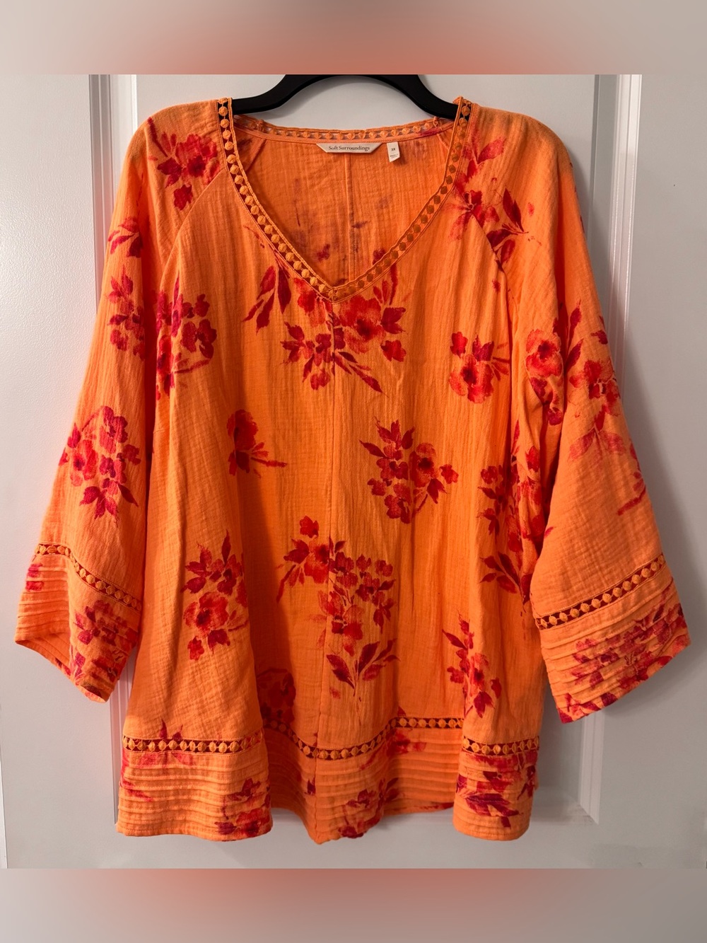 #z220 Soft Surroundings Garden Gauze Orange Floral Tunic Crochet Lace Embroidery